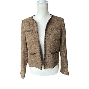 NWT Rafaella Women's Size 4p 4 Brown Jacket Gold Trim Open Front tweed